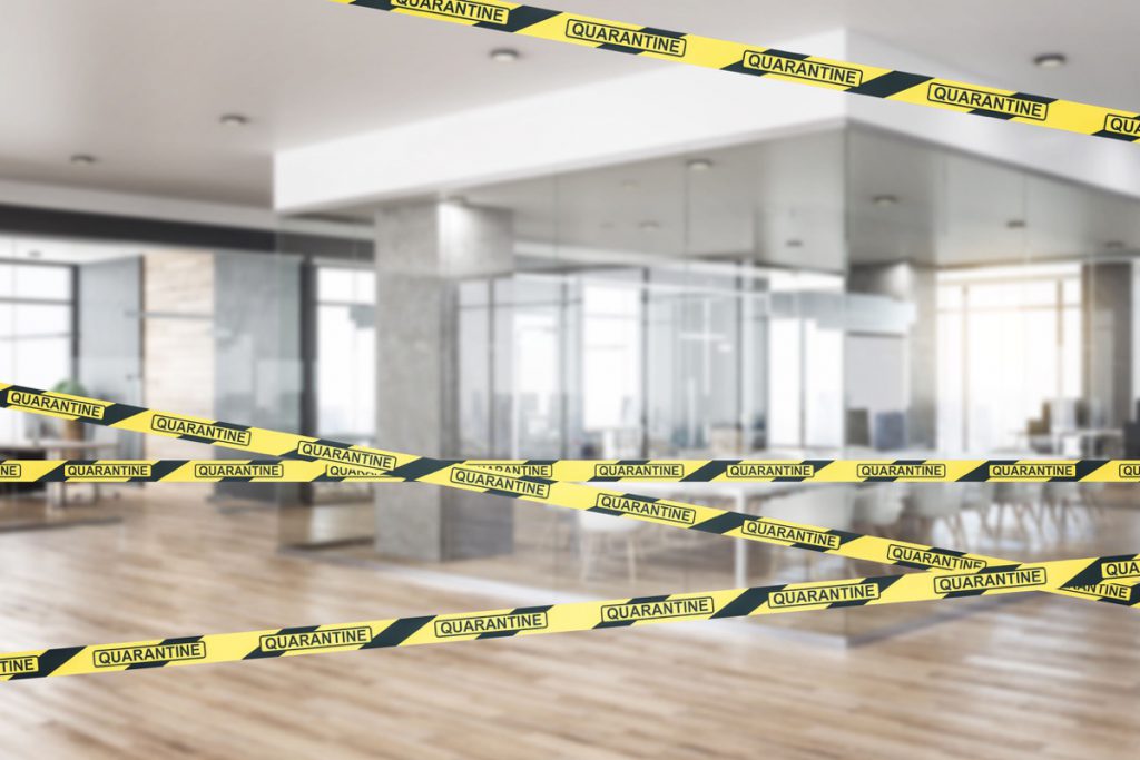 Yellow and black stripes in modern office interior with furniture and daylight. Workplace and coronavirus quarantine concept. 3D Rendering