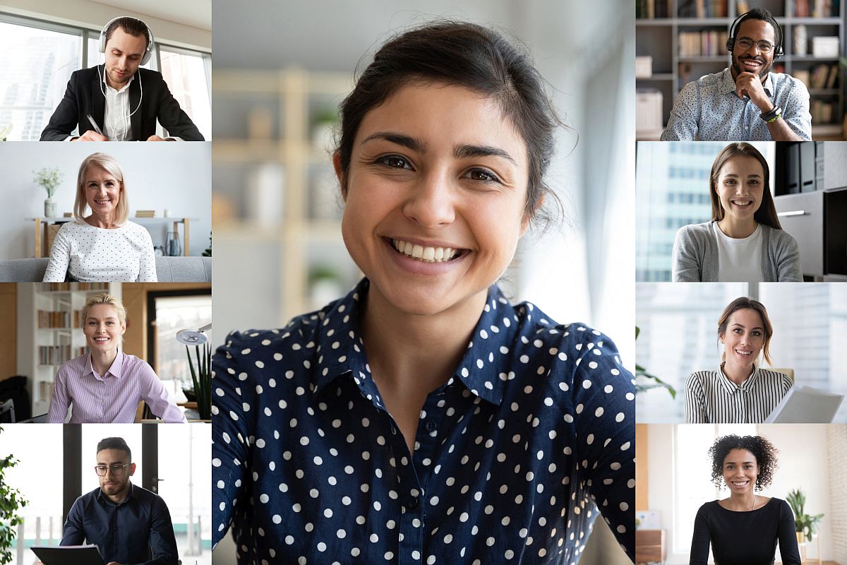 Smiling young female employee talk speak on video call with colleagues; unions connect with digital natives concept