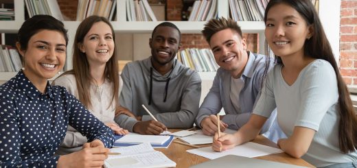 Group of young people sitting around a table with papers and a laptop; white-collar workers concept