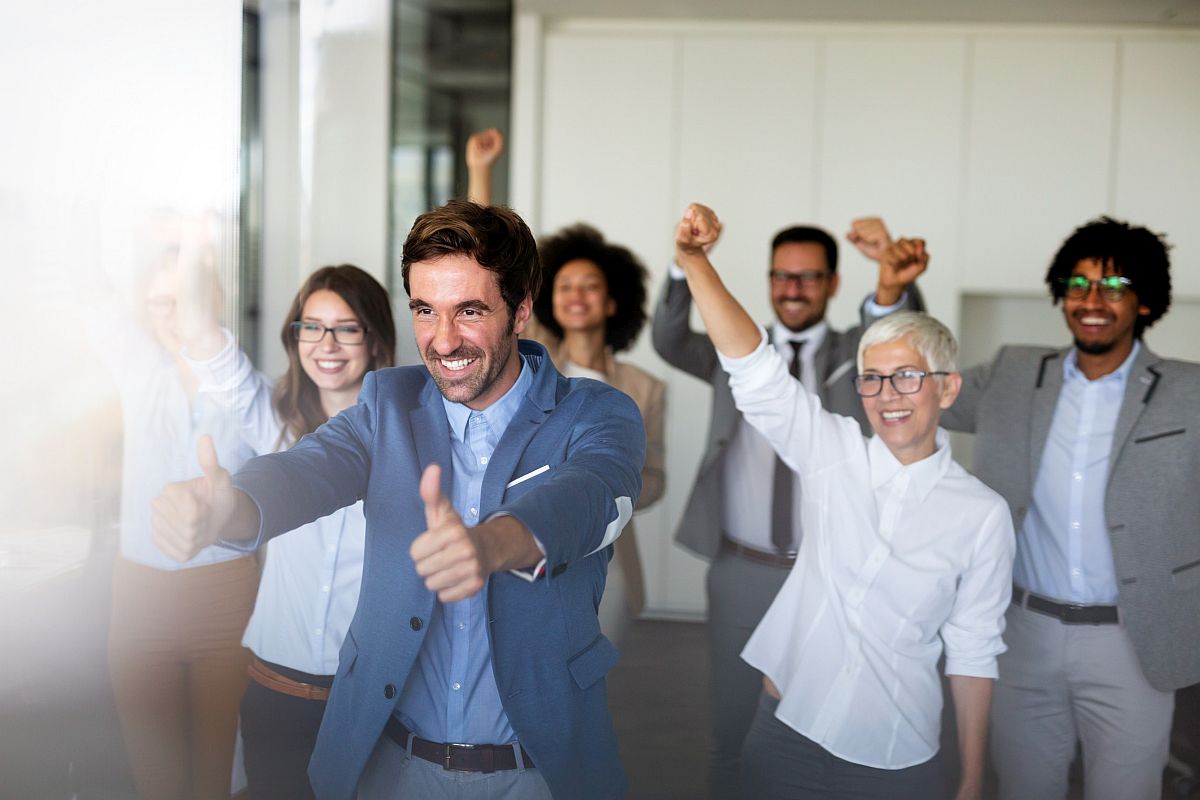 Group of happy professionals celebrating; pro-union nation concept