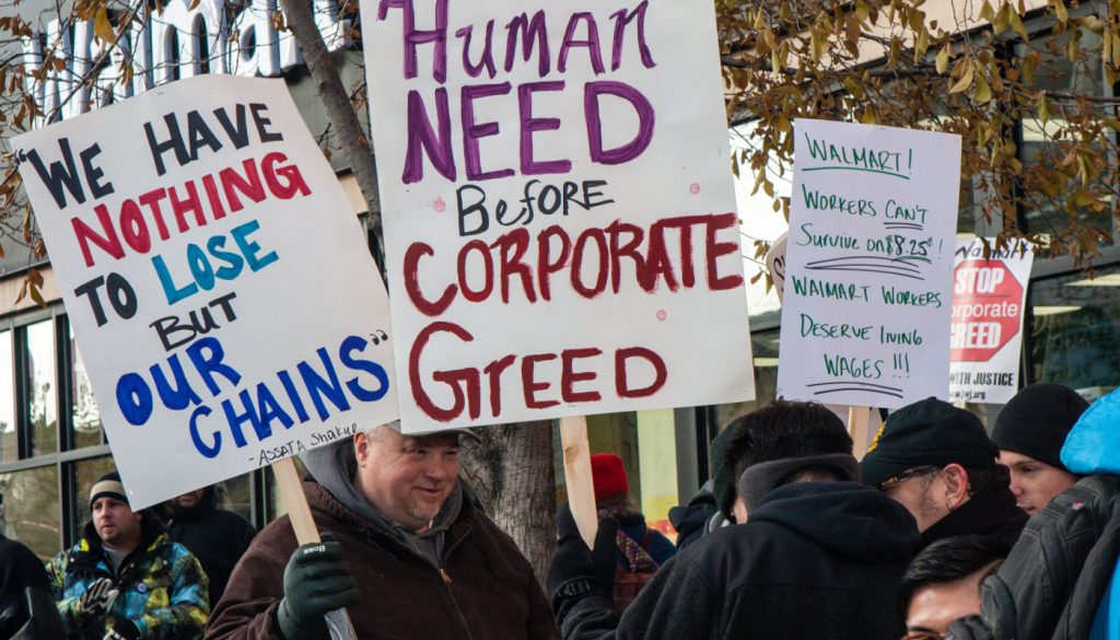 Workers on strike; right to work myth concept