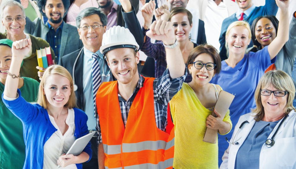 Workers cheering victory; state legislative victories concept