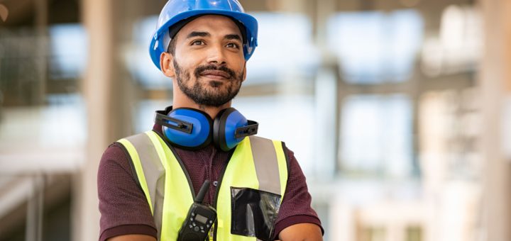 Foreman on construction site; workplace protection concept